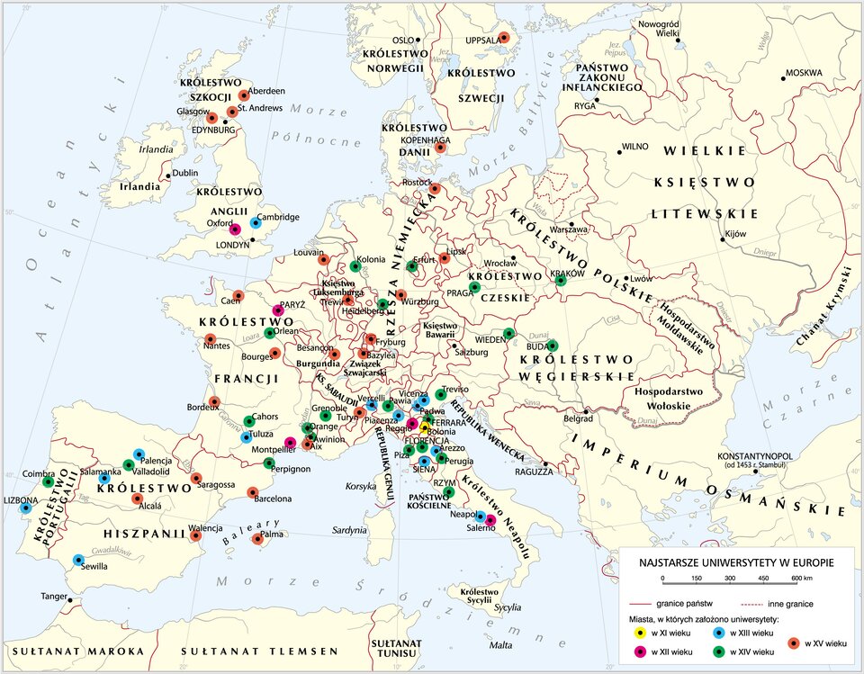 Na ilustracji znajduje się mapa, na której zostały oznaczone granice państw: Królestwa Polskiego, Królestwa Węgierskiego, Królestwa Czeskiego, Księstwa Bawarii, Republiki Weneckiej, Rzeszy Niemieckiej, Królestwa Neapolu, Państwa Kościelnego, Związku Szwajcarskiego, Księstwa Sabaudii, Republiki Genui, Księstwa Luksemburga, Królestwa Danii, Królestwa Francji, Królestwa Anglii, Królestwa Szkocji, Królestwa Hiszpanii. Na mapie kropkami zaznaczono najstarsze uniwersytety. Zaznaczono miasta, w których założono uniwersytety w XI wieku: Bolonia;
miasta, w których założono uniwersytety w XII wieku: Oxford, Paryż, Montpellier, Reggio, Salerno;
miasta, w których założono uniwersytety w XIII wieku: Neapol, Siena, Arezzo, Vicenza, Padwa, Piacenza, Viercelli, Tuluza, Cambridge, Palencja, Salamanka, Sewilla, Lizbona;
miasta, w których założono uniwersytety w XIV wieku: Kraków, Buda, Wiedeń, Praga, Erfurt, Kolonia, Heidelberg, Treviso, Perugia, Rzym, Florencja, Piza, Pawia, Orlean, Grenoble, Orange, Awinion, Cahors, Peprignon, Valladoid, Coimbra, Ferrara;
miasta, w których założono uniwersytety w XV wieku: Uppsala, Kopenhaga, Rostock, Lipsk, Würzburg, Fryburg, Bazylea, Turyn, Aix, Besançon, Trewir, Louvain, Glasgow, St. Andrews, Aberdeen, Caen, Nantes, Bourges, Bordeux, Saragossa, Barcelona, Palma, Walencja, Alcalá.