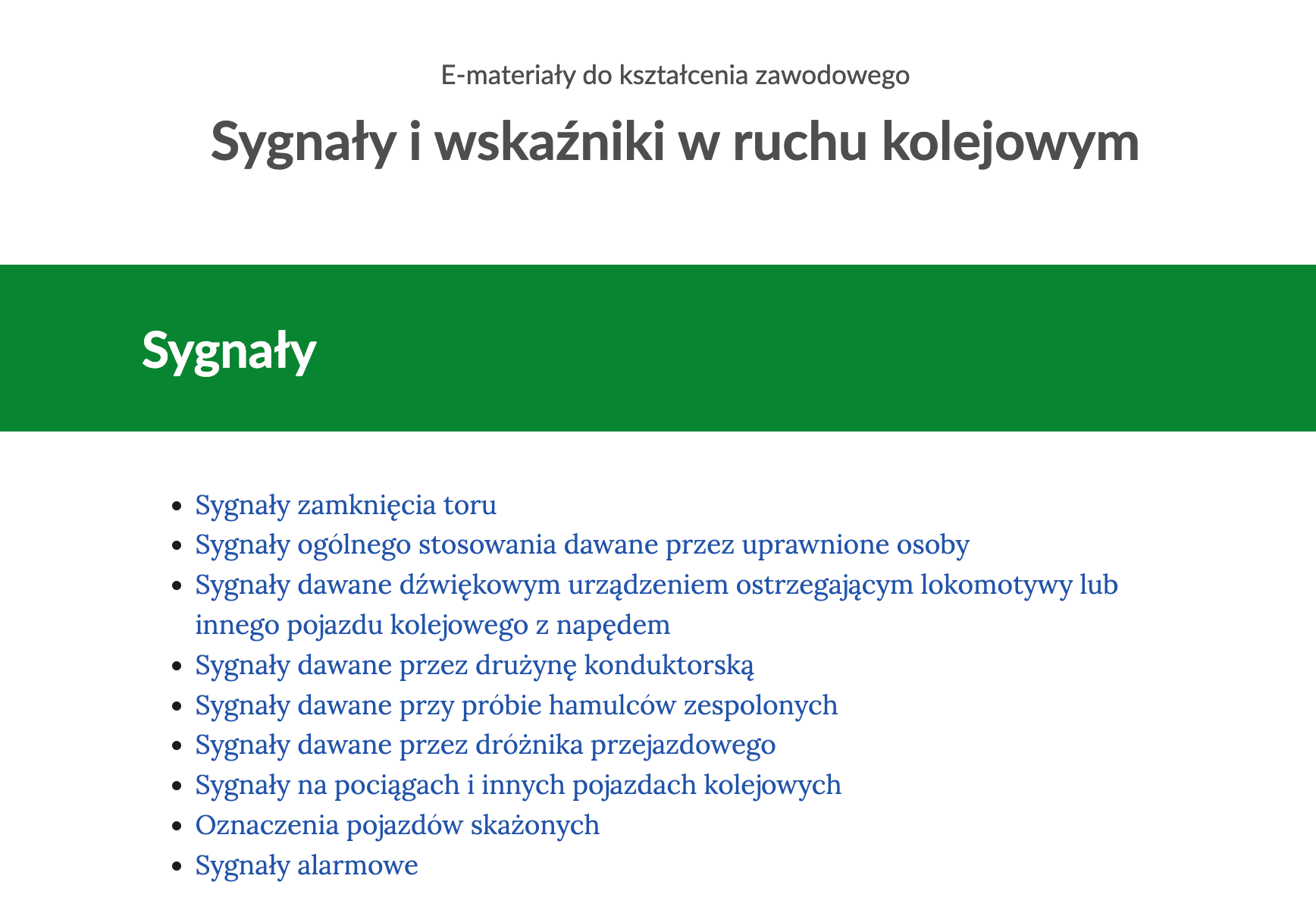 Zrzut ekranu przedstawia przykładowy spis sekcji strony atlasu przedstawiony w formie nienumerowanej listy odsyłaczy. Znajduje się on pod tytułem rozdziału, na górze strony.
