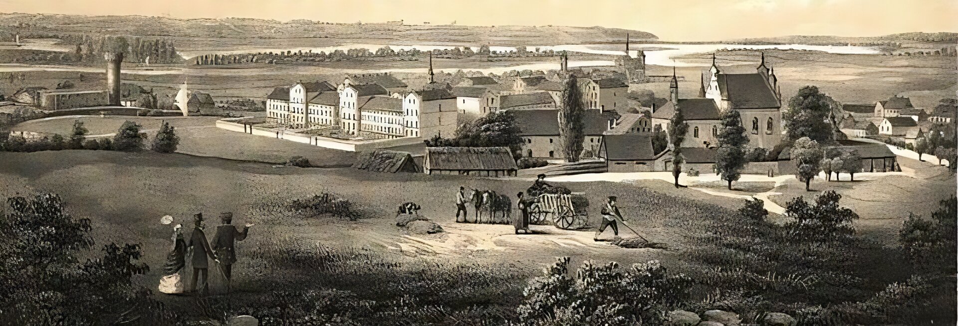 Ilustracja przedstawia pochodzący z polowy XIX wieku widok miasta Świecia. Na pierwszym planie przedstawiona została grupa mieszkańców miasta podczas spaceru, a dalej rolnik pracujący w polu. Na rysunku, z prawej strony, widoczna jest zabudowa miejska w postaci kilkupiętrowych domów murowanych, a na dalszym planie zabudowania zamku w Świeciu ( z lewej strony).  W tle rozlewiska rzeki.