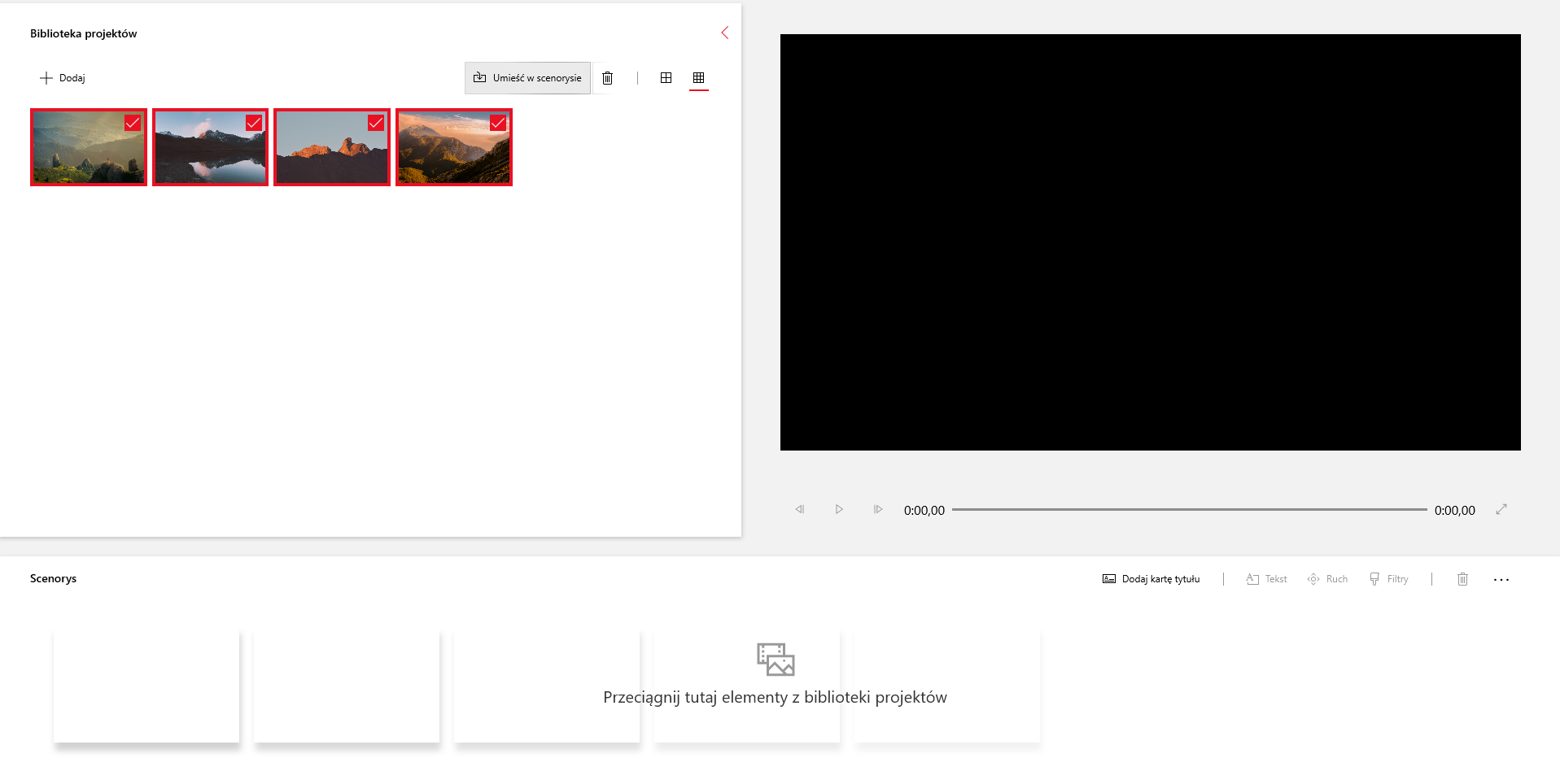 Na zrzucie ekranu przedstawiono dodawanie materiału do scenorysu znajdującego się w aplikacji Edytor Wideo. Ekran roboczy aplikacji jest podzielony na dwie sekcje. Z lewej strony okna aplikacji znajduje się napis: biblioteka projektów. Pod napisem znajduje się przycisk: dodaj. Pod przyciskiem znajdują się dodane pliki multimedialne. Przykładowo są to cztery fotografie gór. Po prawej stronie przycisku dodaj znajdują się dodatkowe przyciski: umieść w scenorysie, przyisk z symbolem kosza, przycisk z symbolem kwadratu podzielonego na cztery mniejsze kwadraty, przycisk z symbolem kwadratu podzielonym na dziewięć mniejszych kwadratów. Zdjęcia są zaznaczone. Przycisk umieść w scenorysie wciśnięty.ozostałą część okna aplikacji stanowi okno edycji filmu. Główną cześć okna stanowi czarny prostokąt. Prostokąt jest oknem filmu. Pod nim umieszczony jest suwak pokazujący czas trwania. Po lewej stronie suwaka znajduje się przycisk z narysowanym grotem strzałki skierowanym w lewo, przycisk , przycisk z narysowanym grotem zwróconym w prawo oraz informacja o czasie trwania filmu. Z prawej strony suwaka widoczna jest informacja z czasem trwania filmu praz przycisk przedstawiający prostą na końcu której znajdują się groty strzałek. Groty są skierowane na zewnątrz. Pod suwakiem znajduje się sekcja: scenorys. W sekcji widoczne są białe prostokątne miejsca przypominające klatki filmowe. Nad nimi widoczny jest napis: przeciągnij tutaj elementy z biblioteki projektów.W prawym górnym rogu sekcji scenorysu umieszczone są przyciski: dodaj kartę tytułu, tekst, ruch, filtry, kosz, oraz trzy kropki po naciśnięciu których pojawia się więcej opcji.
