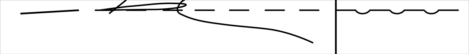 Grafika przedstawia ścieg przed igłą. Po prawej stronie znajduje się symbol ściegu. To linia o równych odcinkach, pomiędzy którymi są zagłębienia w formie łuków. Po lewej stronie jest wizualizacja ściegu. Widoczne są równe odcinki z przerwami pomiędzy każdym odcinkiem. Na końcu ściegu jest wbita igła.