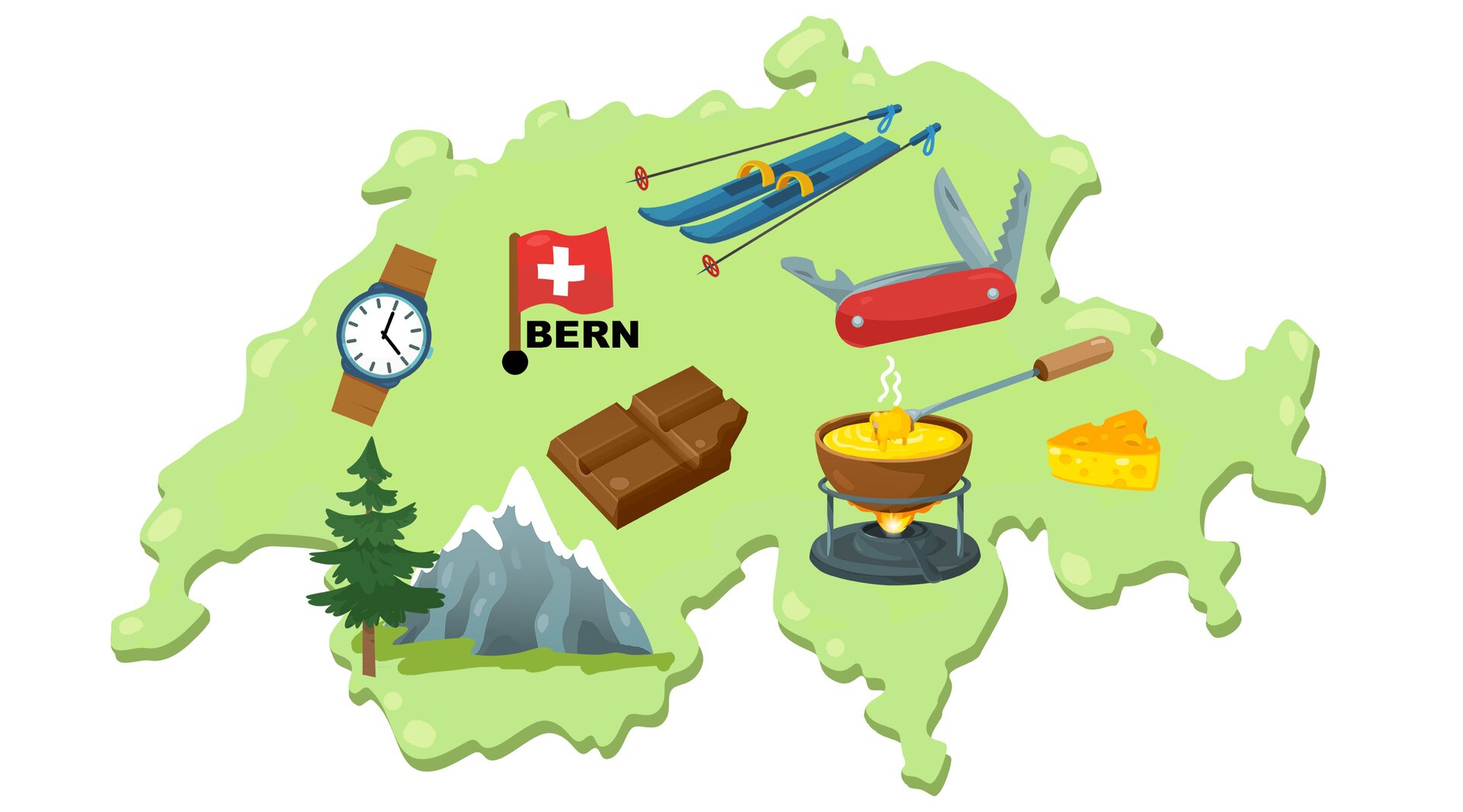 Ilustracja przedstawia mapę Szwajcarii, na której znajdują się rysunki: sera, czekolady, scyzoryka, nart, gór, zegarka i flagi Szwajcarii.