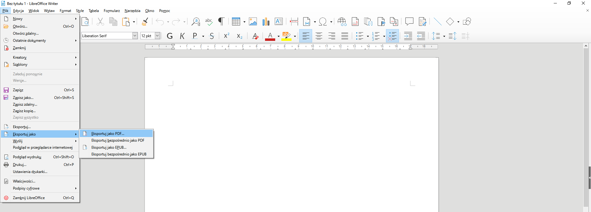  Zrzut ekranu przedstawia wycinek okna programu LibreOffice Writer z rozwiniętymi opcjami nagłówka "Plik".  Zaznaczoną opcją Eksportuj jako. Rozwinęła się lista czterech pozycji Eksportuj jako PDF, Eksportuj bezpośrednio jako PDF, Eksportuj jako EPUB, Eksportuj bezpośrednio jako EPUB.  Wybrano Eksportuj jako PDF. 