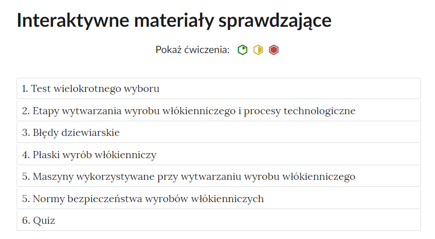 Widok na zakładki z pogrupowanymi ćwiczeniami