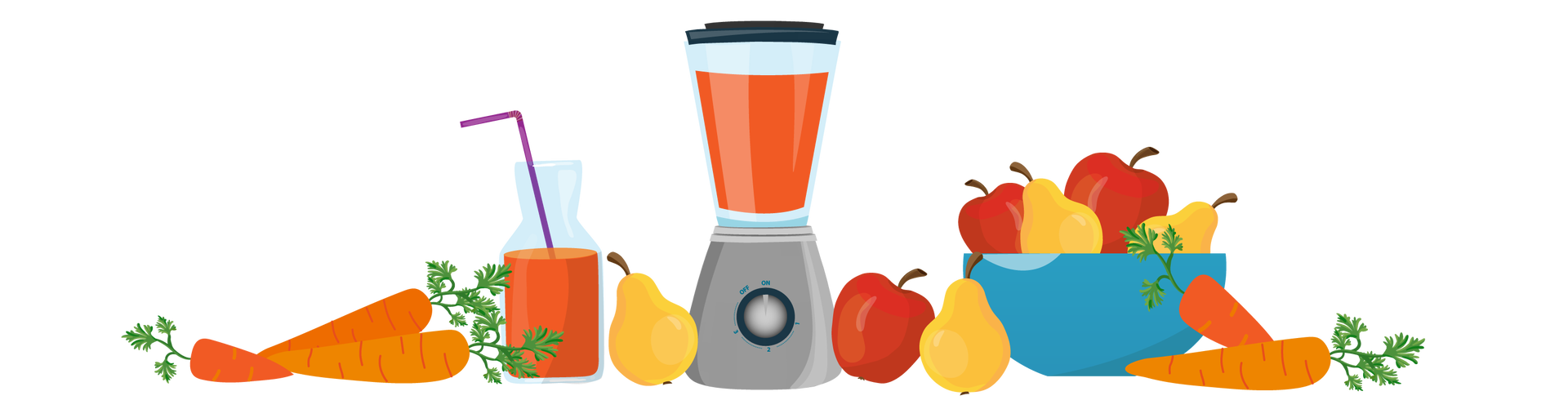 Ilustracja przedstawia różne przedmioty, warzywa i owoce ułożone blisko siebie. Po lewej stronie leżą trzy marchewki. Dalej na prawo stoi szklana butelka z pomarańczowym sokiem i fioletową słomką. Obok butelki leży żółta gruszka. Na środku stoi szary blender ze szklanym dzbankiem. W dzbanku widać pomarańczowy sok. Na prawo od blendera leży czerwone jabłko i żółta gruszka. Po prawej stronie ilustracji są jabłka i gruszki w niebieskiej misce. Obok znajdują się dwie marchewki.