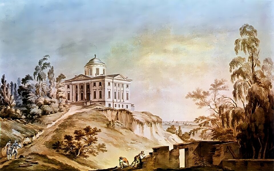 Ilustracja przedstawia budynek Królikarni w Warszawie od strony południowo‑zachodniej i park. Budynek usytuowany jest na wysokiej skarpie wiślanej w otoczeniu bujnej parkowej roślinności. Murowany budynek cechuje zwarta bryła i regularny, przejrzysty plan na rzucie kwadratu, zwieńczony kopułą. Elewację wyróżnia portyk o czterech kamiennych kolumnach wspierających trójkątny fronton z dekoracyjnym tympanonem. Portyk poprzedzają schody ujęte wysokimi cokołami i półkolistymi murkami. Prowadzą one w dół skarpy głębokim wąwozem. Całość kompozycji obrazu dopełniają dwie grupy wędrowców: jedna podążająca w dół skarpy i druga siedząca w ruinach budynków.