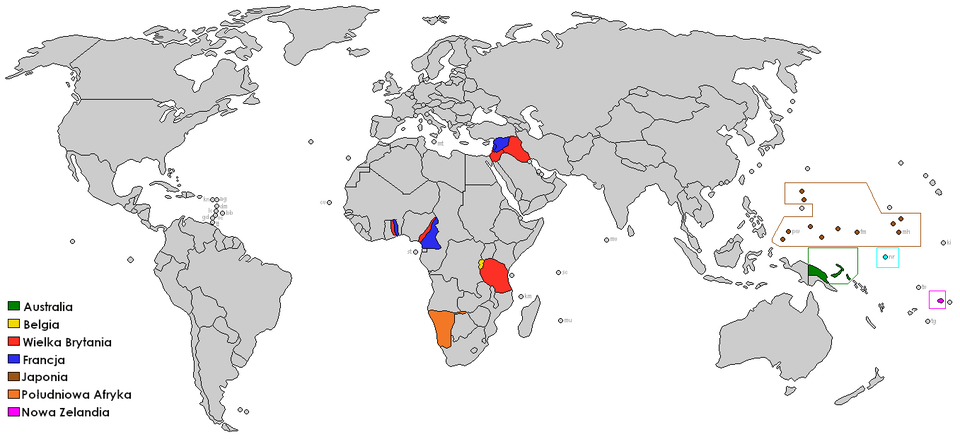 Ilustracja przedstawia mapę świata z podziałem na terytoria mandatowe Ligi Narodów. Terytoria mandatowe Australii to Nowa Gwinea. Terytoria mandatowe Belgii to Ruanda‑Urundi. Terytoria mandatowe Wielkiej Brytanii to: Togo Brytyjskie, Kamerun Brytyjski, Tanganika, Palestyna, Irak, Nauru. Terytoria mandatowe Francji to: Togo Francuskie, Kamerun Francuski, Syria, Liban. Terytoria mandatowe Japonii to: Mandat Południowego Pacyfiku. Terytoria mandatowe Południowej Afryki to: Afryka Południowo‑Zachodnia. Terytoria mandatowe Nowej Zelandii to: Samoa Zachodnie.