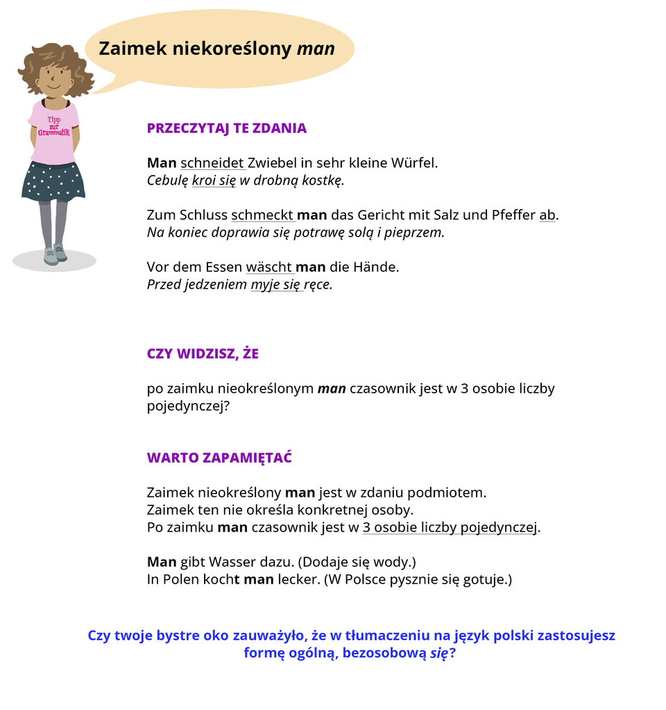 Infografika dotyczy zaimka nieokreślonego man. Grafika po lewej stronie przedstawia krótkowłosą dziewczynkę w spódniczce i różowej bluzce, na której widoczny jest napis: Tipp zur Grammatik. Pozostałą część grafiki zajmuje tekst, którego treść znajduje się w transkrypcji, poniżej grafiki.