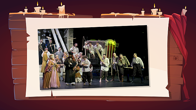 Ilustracja przedstawia grupę aktorów na  scenie teatralnej podczas przedstawienia. W centrum znajduje się kobieta w rozbudowanej, różowej sukni i masce, gestykulująca w stronę grupy mężczyzn. Większość mężczyzn ubrana jest w proste, wiejskie koszule i spodnie, niektórzy z nich trzymają miotły lub kije. W tle po prawej stronie widać duży wóz, który jest częścią scenografii. Scena jest dobrze oświetlona, a tło po prawej stronie jest ciemne.