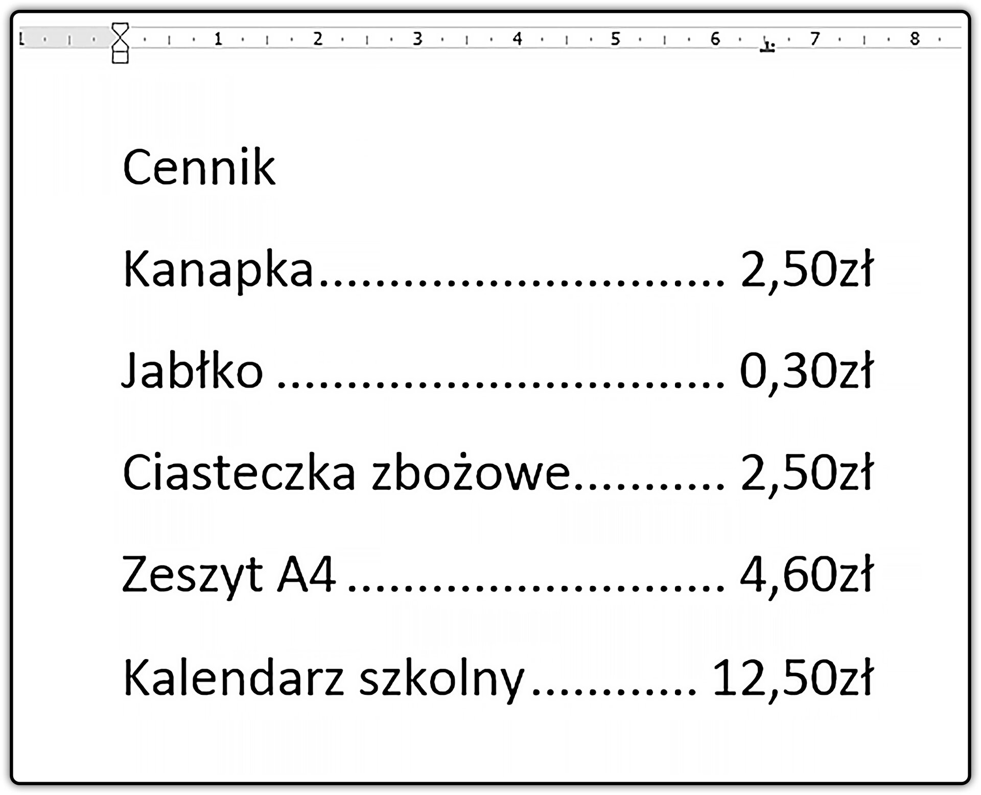 Zrzut dokumentu z fragmentem cennika z zastosowaniem znaków wiodących tabulatora