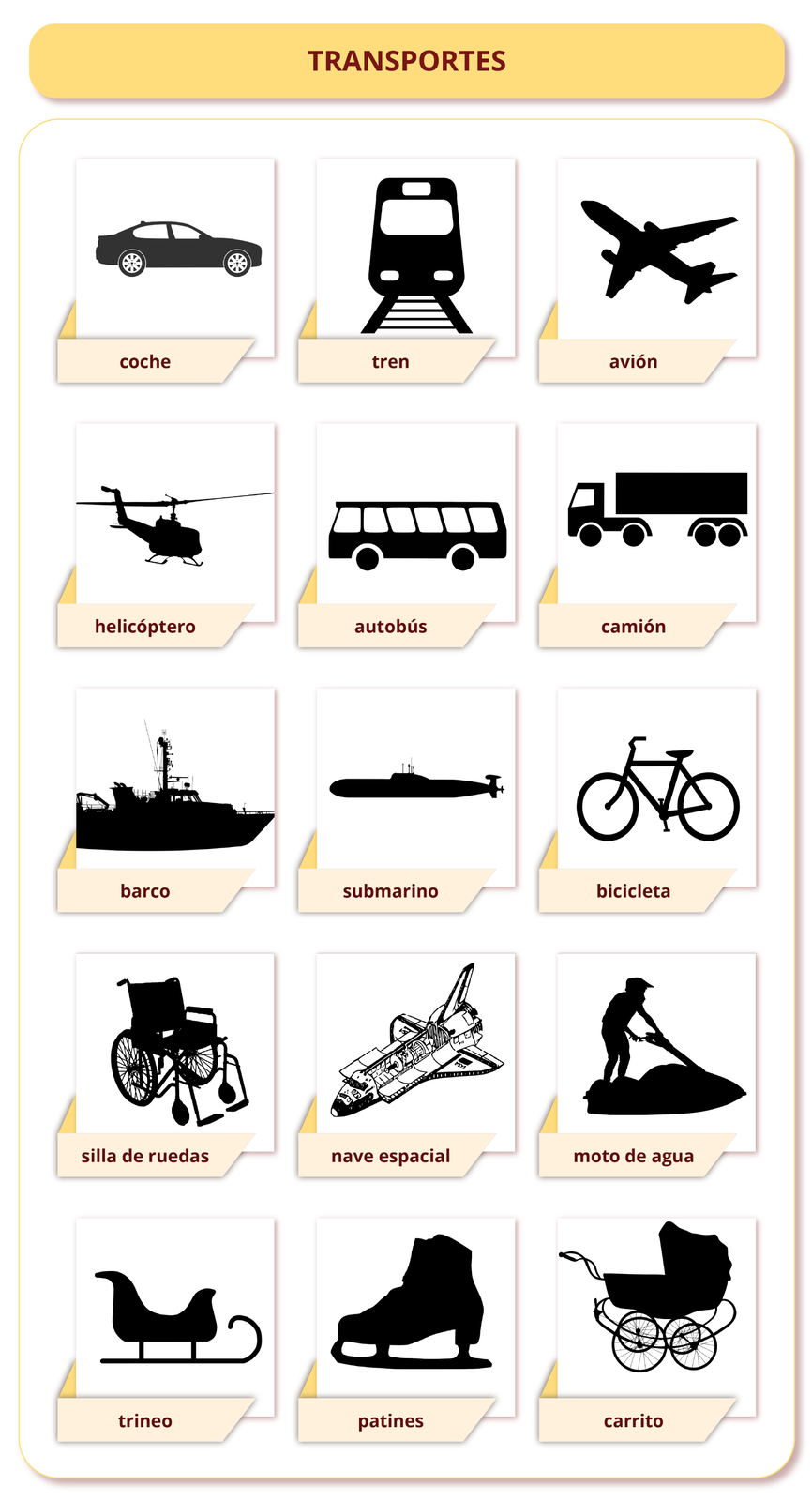 Grafika z hiszpańskim słownictwem. Tytuł grafiki: TRANSPORTES. Poniżej znajdują się grafiki przedstawiające różne rodzaje środków transportu. Pod każdą grafiką znajduje się podpis. Grafika przedstawiająca samochód. Podpis: coche . Grafika przedstawiająca pociąg. Podpis: tren. Grafika przedstawiająca samolot. Podpis: avión. Grafika przedstawiająca helikopter. Podpis: helicóptero . Grafika przedstawiająca autobus. Podpis: autobús. Grafika przedstawiająca ciężarówę. Podpis: camión. Grafika przedstawiająca statek. Podpis: barco. Grafika przedstawiająca łódź podwodną. Podpis: submarino. Grafika przedstawiająca rower. Podpis: bicicleta. Grafika przedstawiająca wózek inwalidzki. Podpis: silla de ruedas. Grafika przedstawiająca statek kosmiczny. Podpis: nave espacial. Grafika przedstawiająca skuter wodny. Podpis: moto de agua. Grafika przedstawiająca sanki. Podpis: trineo. Grafika przedstawiająca rolki, łyżwy. Podpis: patines. Grafika przedstawiająca wózek. Podpis: carrito.