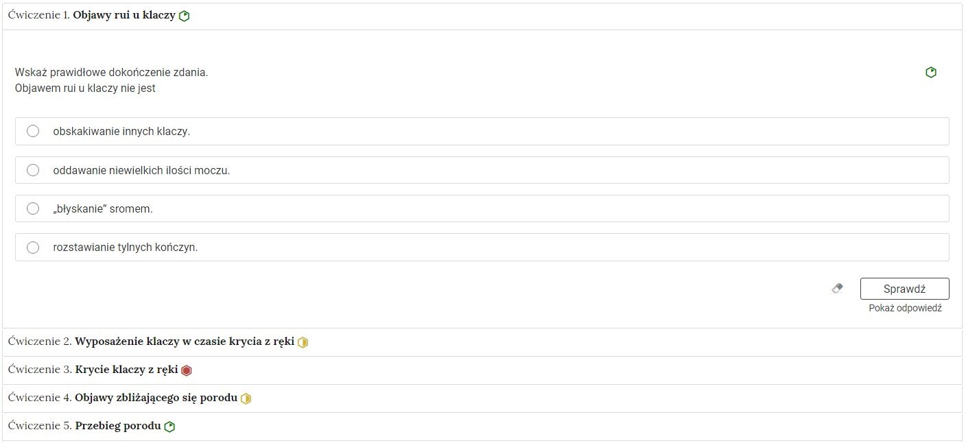 Grafika przedstawia fragment harmonii z pięcioma ćwiczeniami. Każde ćwiczenie jest ponumerowane, ma tytuł oraz poziom trudności. Zostało wybrane ćwiczenie pierwsze. Objawy rui u klaczy. Poniżej widoczna jest treść zadania.