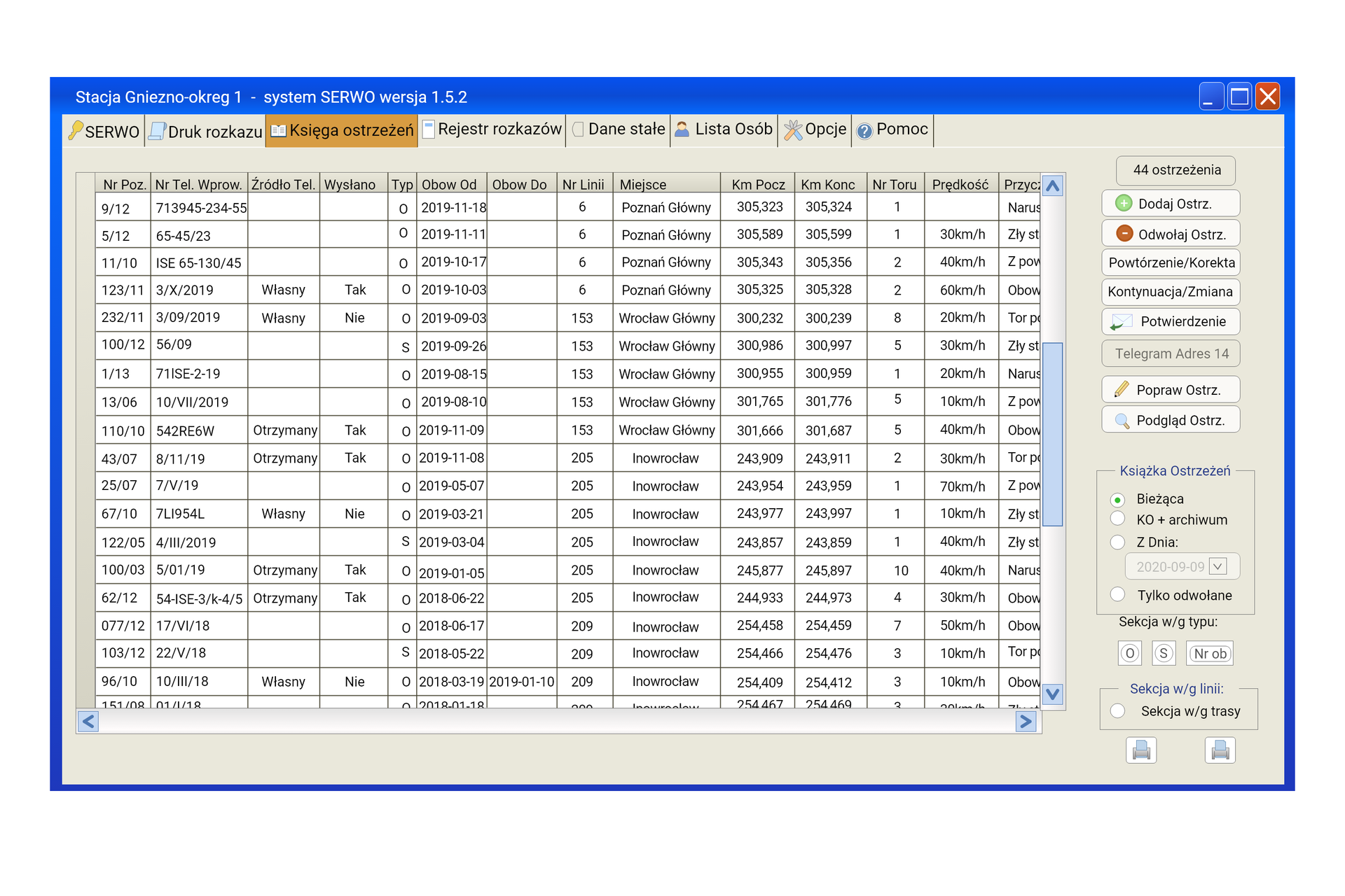 Podgląd Książki Ostrzeżeń w programie SERWO