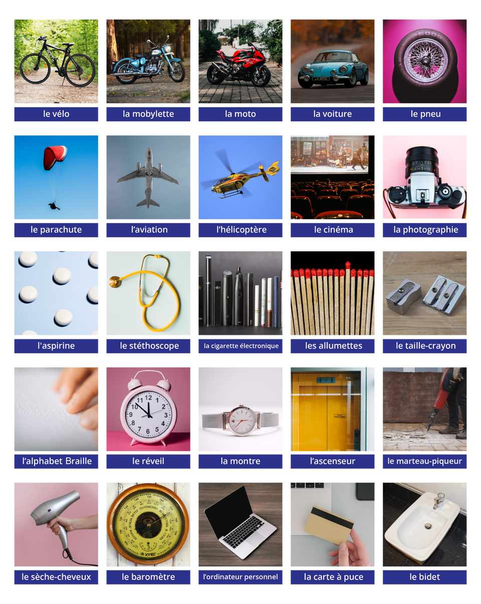 Ilustracja przedstawia dwadzieścia pięć kwadratowych zdjęć. Pod każdym z nich znajduje się niebieski pasek z białym podpisem. Są to kolejno: rower na leśnej ścieżce  le vélo, niebieska motorynka zaparkowana na chodniku la mobylette, czerwony motor zaparkowany na chodniku la moto , niebieski samochód osobowy,  la voiture, koło samochodowe na różowym tle le pneu , czerwona paralotnia na niebie le parachute , spód samolotu pasażerskiego lecącego na niebie l’aviation , żółty helikopter ratunkowy na niebie l’hélicoptère , salę kinową z wyświetlanym na ekranie filmem le cinéma , szaro-czarny aparat fotograficzny  la photographie, białe tabletki na błękitnym blacie l’aspirine , żółty stetoskop le stéthoscope , rząd stojących, elektronicznych papierosów la cigarette électronique , rządek zapałek o czerwonych łebkach  les allumettes, dwie szare temperówki  le traille-crayon, palce na kartce zadrukowanej alfabetem Brajla l’alphabet Braille , biały budzik  le réveil, kobiecy, szary zegarek  la montre, żółte drzwi do windy  l’ascenseur, młot pneumatyczny wbity w chodnik  le marteau-piqueur, dłoń trzymająca szarą suszarkę do włosów le sèche-cheveux , okrągły, brązowy barometr  le baromètre, otwarty laptop na drewnianym blacie l’ordinateur personnel , dłoń trzymającą kartę kredytową la carte à puce , biały bidet  le bidet