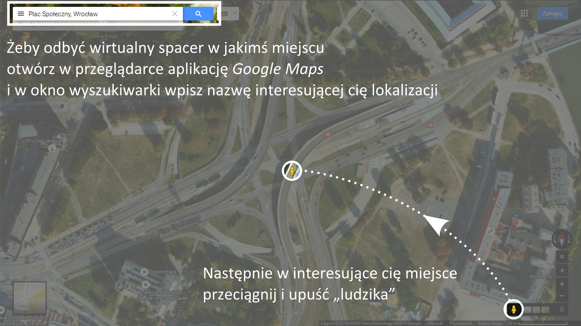 Galeria składa się z dwóch ilustracji.Pierwsza ilustracja przedstawia sposób korzystania z aplikacji internetowej Google Street View.