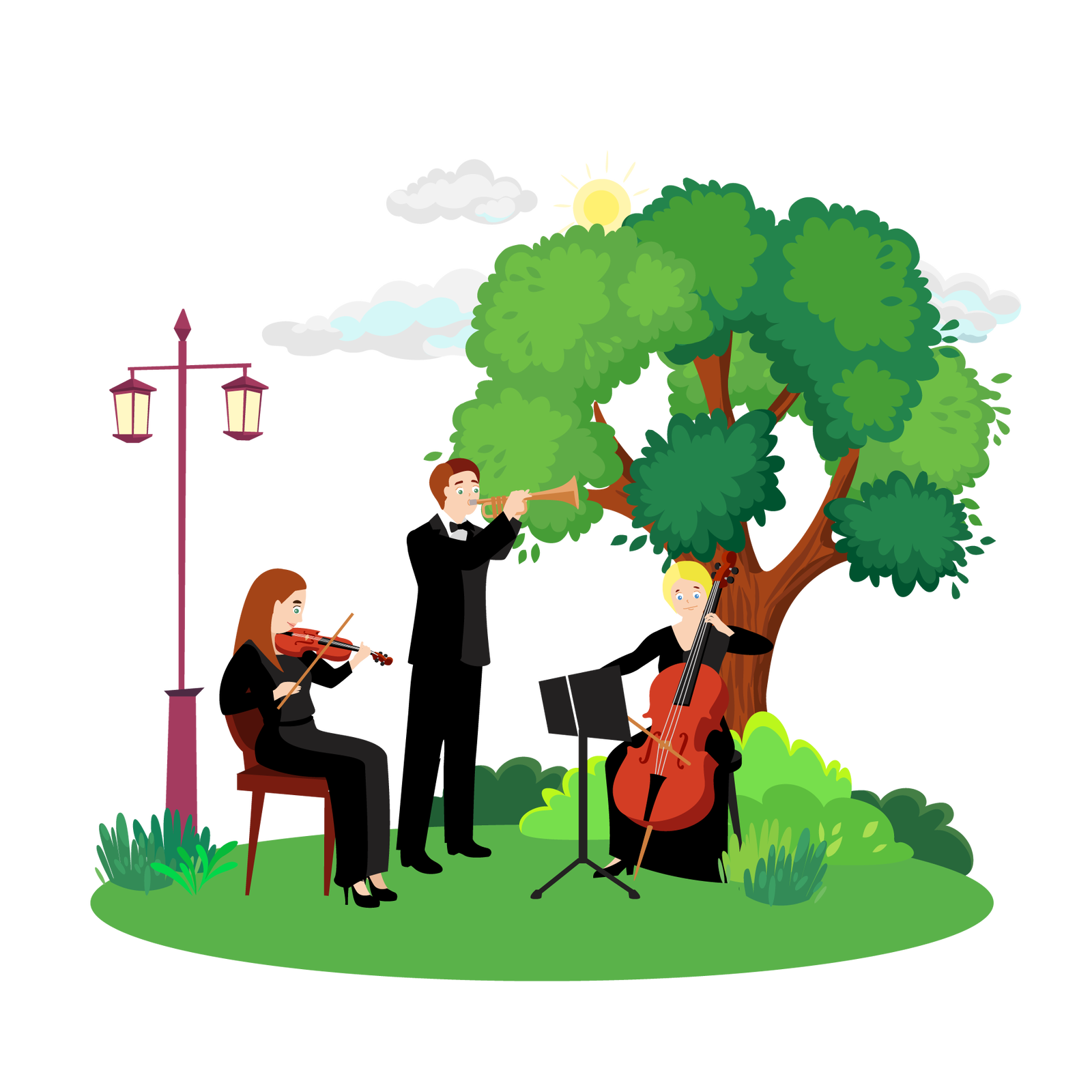 Ilustracja przedstawia zieloną polanę porośniętą gdzieniegdzie niskimi krzewami i kępkami wysokiej trawy. Po prawej stronie stoi duże drzewo liściaste. W tle widać jasne niebo ze słońcem i kilkoma chmurami. Po lewej stronie znajduje się wysoka brązowa latarnia. Na środku jest orkiestra. Po lewej stronie siedzi na krześle brązowowłosa kobieta ubrana w czarną bluzkę z długimi rękawami, długie czarne spodnie i czarne buty na obcasie. Gra na brązowych skrzypcach. Na środku stoi brązowowłosy mężczyzna ubrany w białą koszulę z kołnierzykiem, czarną muszkę, czarną marynarkę, długie czarne spodnie i czarne buty. Gra na złotej trąbce. Po prawej stronie siedzi na krześle blondwłosa kobieta ubrana w długą czarną suknię z długimi rękawami. Gra na brązowej wiolonczeli. Przed nią stoi czarny stojak na zeszyt nutowy.