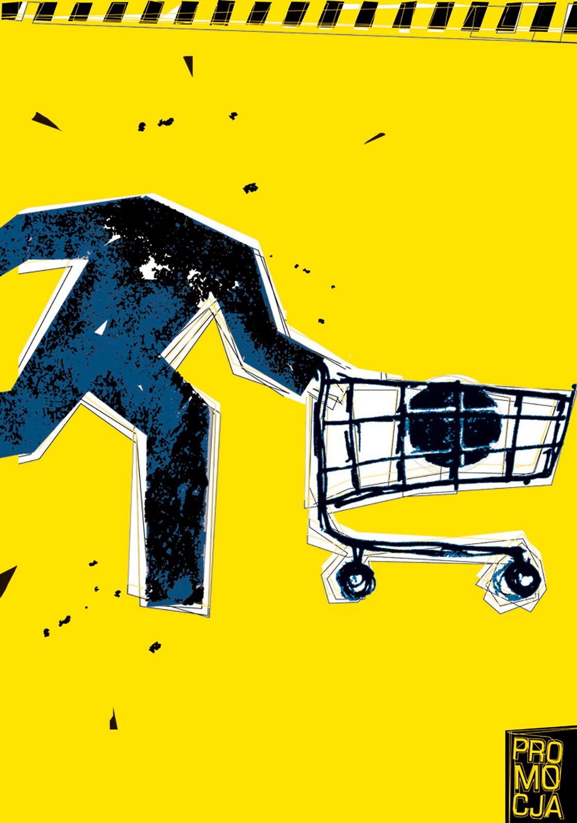Ilustracja przedstawia plakat „PROMOCJA”, autorstwa Nikodema Pręgowskiego. W centrum otwartej kompozycji, na żółtym, prostokątnym tle znajduje się niebiesko‑czarna dynamicznie namalowana, bezgłowa postać, która biegnąc pcha wózek sklepowy z leżącą we wnętrzu jego kosza czarną kulą. Ukazane na plakacie elementy przedstawione zostały w dużym uproszczeniu. Postać sprowadzona jest do prostego symbolu graficznego, przypominającego ludzika ze znaku drogowego. Wózek natomiast narysowany jest luźną linią o zróżnicowanym konturze. Górną krawędź plakatu zamyka wąski pasek skośnych, grubych linii w czarnym kolorze. U dołu, w prawym rogu umieszczony został czarny prostokąt z żółtym napisem „PROMOCJA”.
