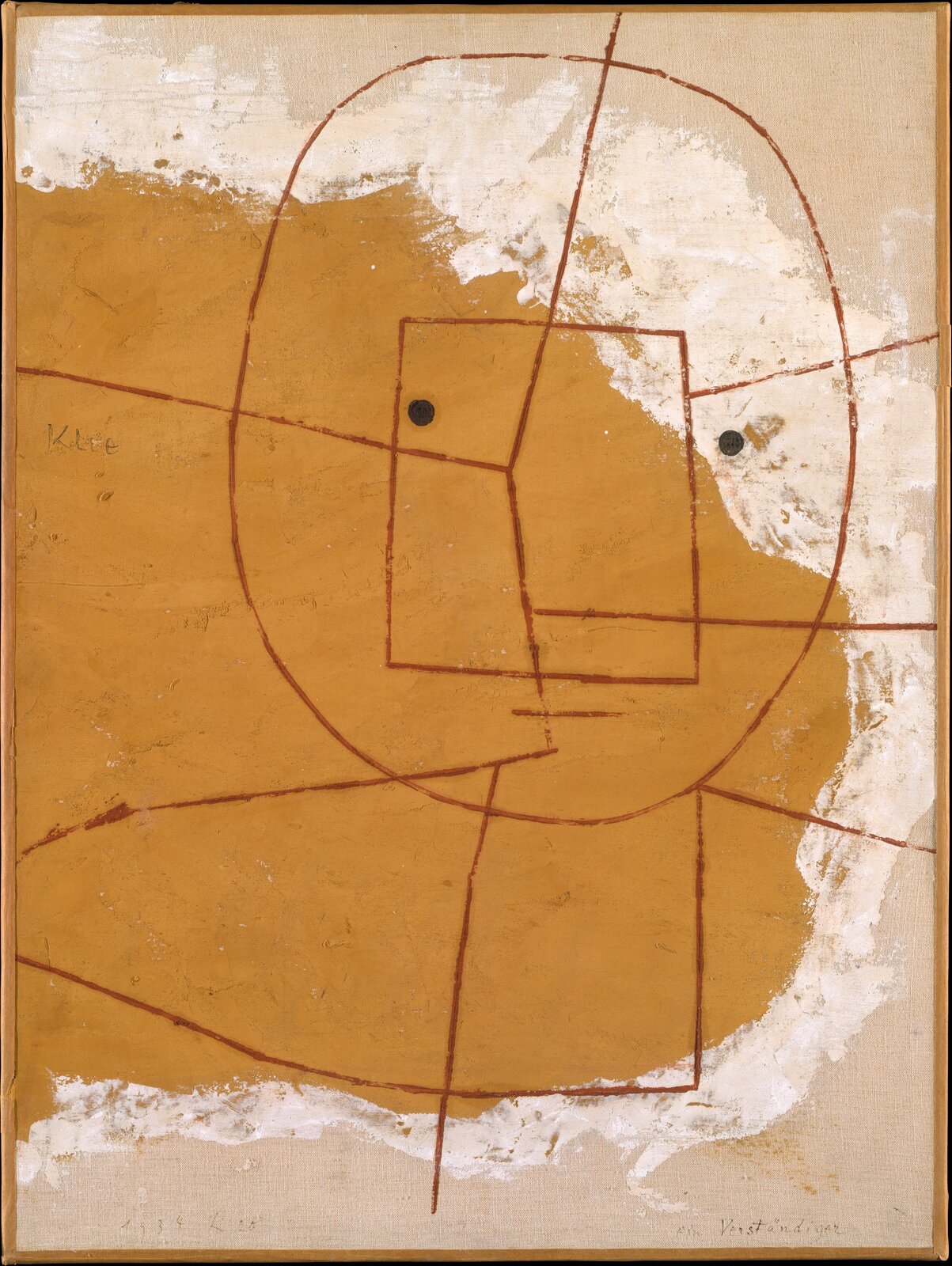 Ilustracja przedstawia obraz olejny „Portret tego, który zrozumiał”, autorstwa Paul Klee. W namalowanej przez artystę kompozycji miesza się abstrakcja z malarstwem figuratywnym – jest to charakterystyczne dla jego twórczości. Płótno pokryte jest geometrycznymi kształtami, stworzonymi z czerwonych, cienkich linii, które układają się w uproszczoną postać człowieka o wielkiej okrągłej głowie i małym prostokątnym tułowiu. Oczy stanowią dwa czarne kółka. Tło dla linearnej kompozycji stanowią trzy płaszczyzny koloru. Żółto‑pomarańczowa plama wypływa z lewej strony i zalewa większą część obrazu. Okala ją jasno‑beżowa plama z widoczną strukturą włókien płótna. Krawędź zetknięcia obu plam artysta przykrył namalowanym szerokim gestem, poszarpanym pasem białej farby. W obrazie tym widoczne jest odwołanie do dziecięcej kreatywności, stanowiącej ważną inspirację w twórczości Paula Klee.