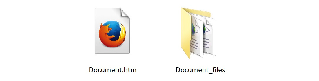 Zrzut ekranu przedstawia ikonę dokumentu HTML (Document.htm) oraz ikonę folderu z plikami umieszczonymi w tym dokumencie (Document_files). Ikona dokumentu html przedstawiona jest jako kartka z zagiętym prawym, górnym rogiem. Środkową część kartki zajmuje ikona Firefox. Jest to kula ziemska, którą obejmuje panda mała, często mylona z lisem. Ikona folderu przedstawiona jest jako papierowa teczka na dokumenty. Teczka jest postawiona i uchylona. Widoczne są kartki ułożone w teczce.