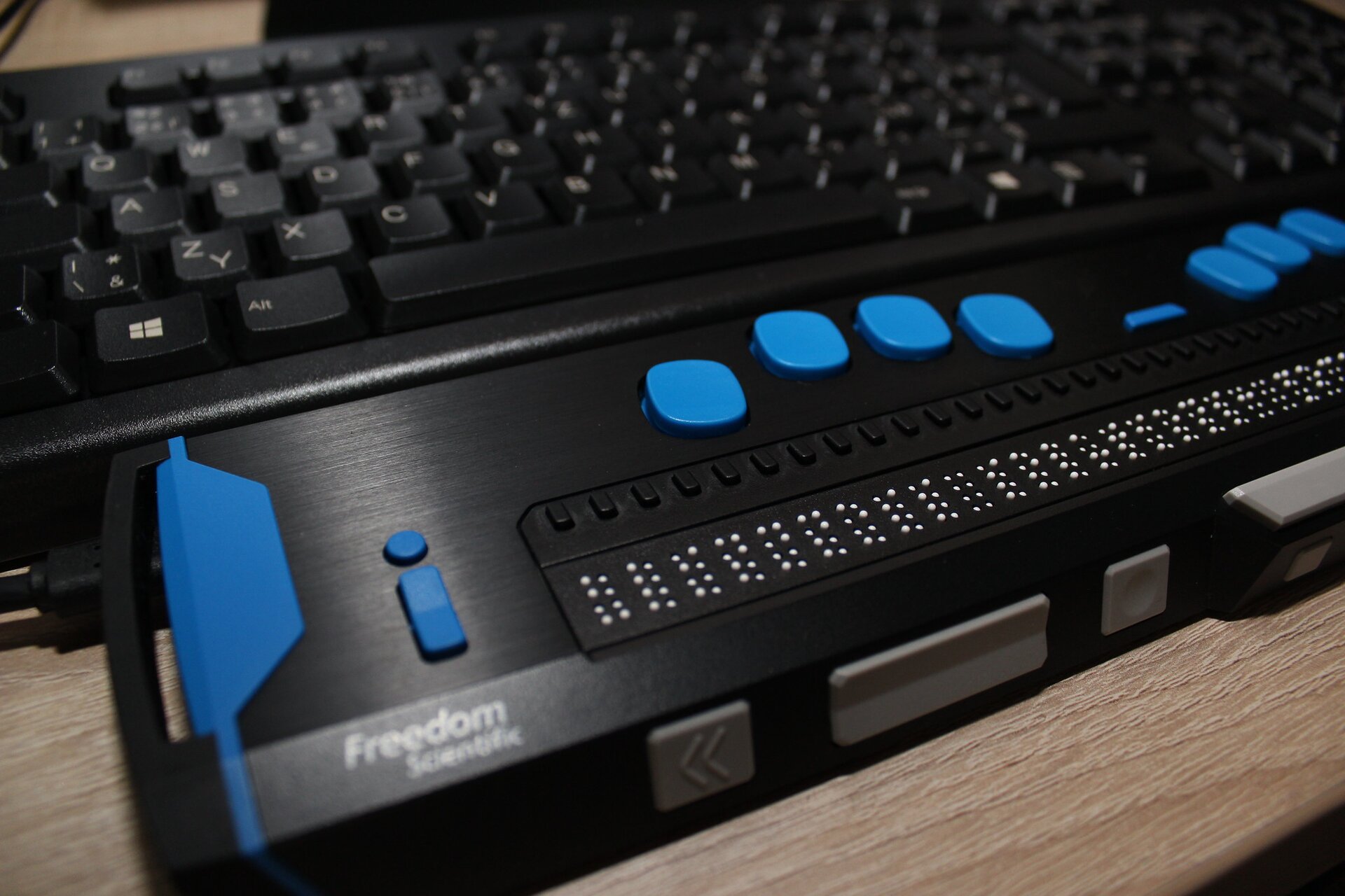 Na zdjęciu, na drugim planie, widać klawiaturę do komputera ze standardowymi klawiszami. Poniżej, na planie pierwszym, równolegle do klawiatury leży podłużny przyrząd o kształcie prostopadłościanu. Na górnej ścianie znajduje się rząd zapisany pismem Braille'a, nad każdą literą zapisaną brailem znajduje się prostokątny, czarny przycisk. Wyżej widać dwie grupy po cztery niebieskie przyciski, ułożone tak, by łatwo było oprzeć o nie palce obydwóch rąk.
