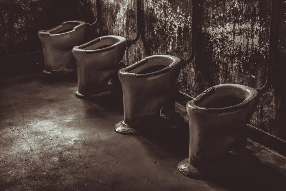 Zdjęcie przedstawia cztery stojące obok siebie klozety z odchodzącymi od nich ku górze rurami. Za klozetami jest obdrapana ściana. W pomieszczeniu jest betonowa podłoga.