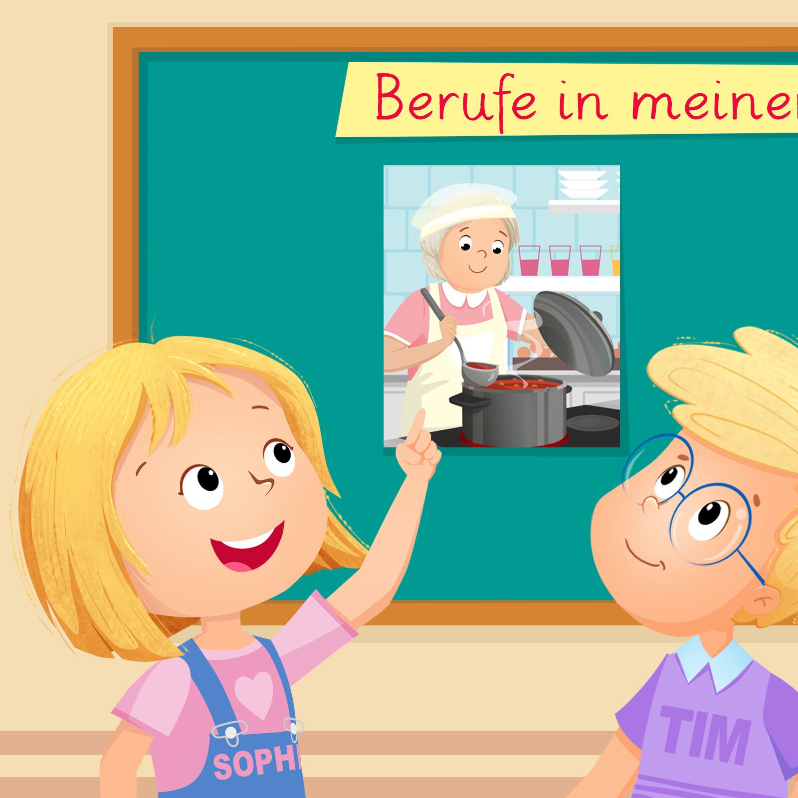 Ilustracja przedstawia dzieci wskazujące na zdjęcie kucharki.