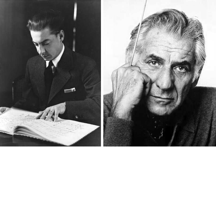 Dwie czarno białe ilustracje przedstawiają znanych dyrygentów: Herberta von Karajana oraz  Leonarda Bernsteina. Dwa czarno‑białe portrety mężczyzn zestawione obok siebie. Po lewej młody mężczyzna w garniturze siedzi przy stole i przegląda zapis nutowy w otwartej partyturze, skupiony na lekturze. Po prawej starszy mężczyzna patrzy bezpośrednio w obiektyw, opierając głowę na dłoni i trzymając w niej cienką batutę; jego wyraz twarzy jest poważny i zamyślony.