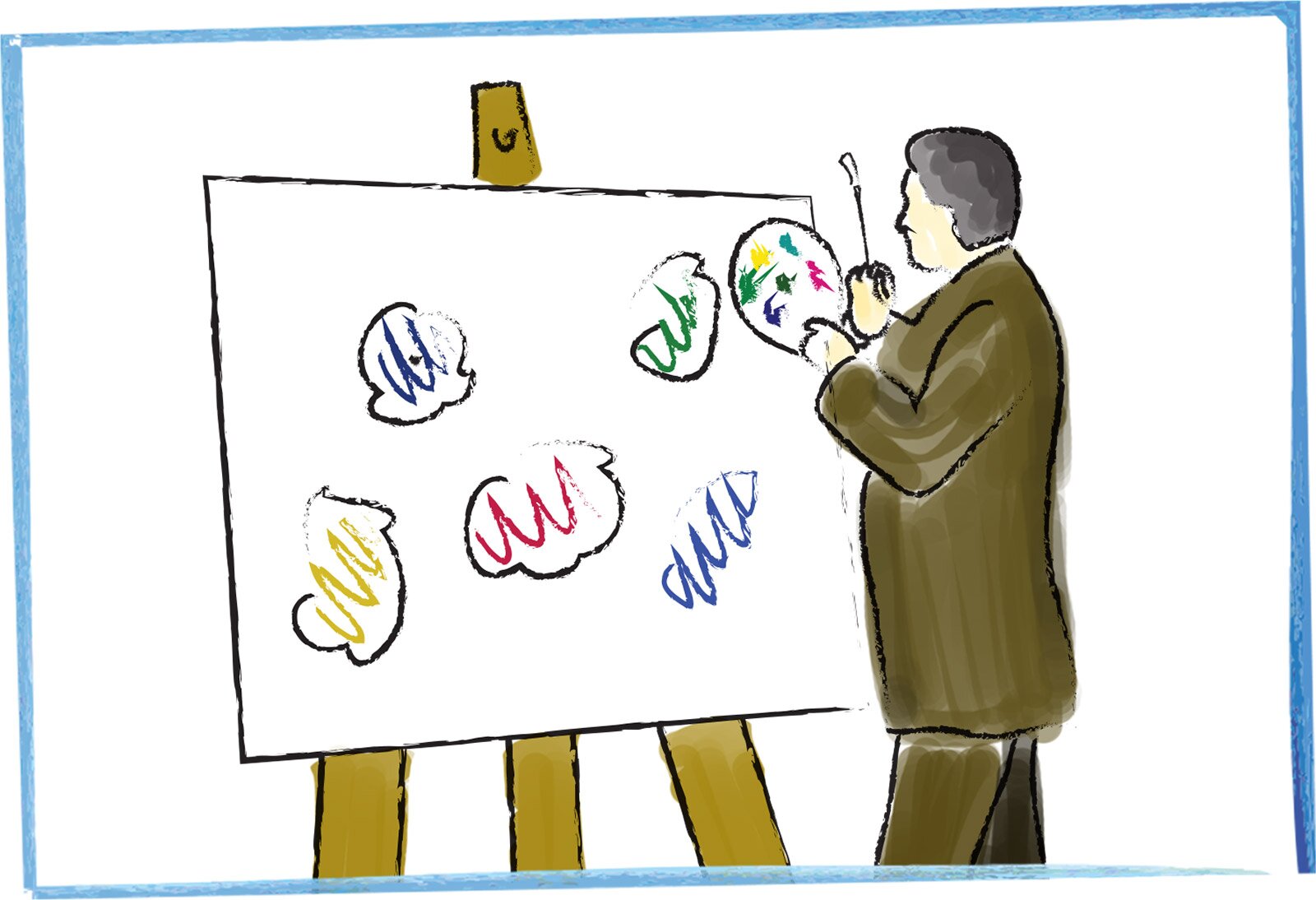 Ilustracja przedstawia wielobarwny rysunek lawowany, na którym znajduje się malarz stojący przed sztalugą. Na sztaludze jest umieszczone białe podobrazie, na które artysta nanosi kolorowe linie pędzlem.