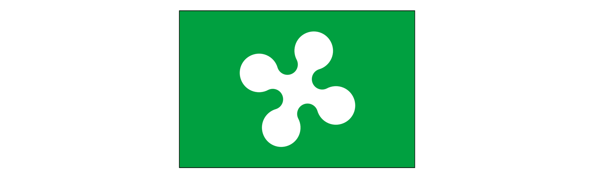 Grafika przedstawia flagę Lombardii. Flaga składa się z dwóch kolorów. W centralnym punkcie flagi znajduje się element przypominający czterolistną koniczynę.