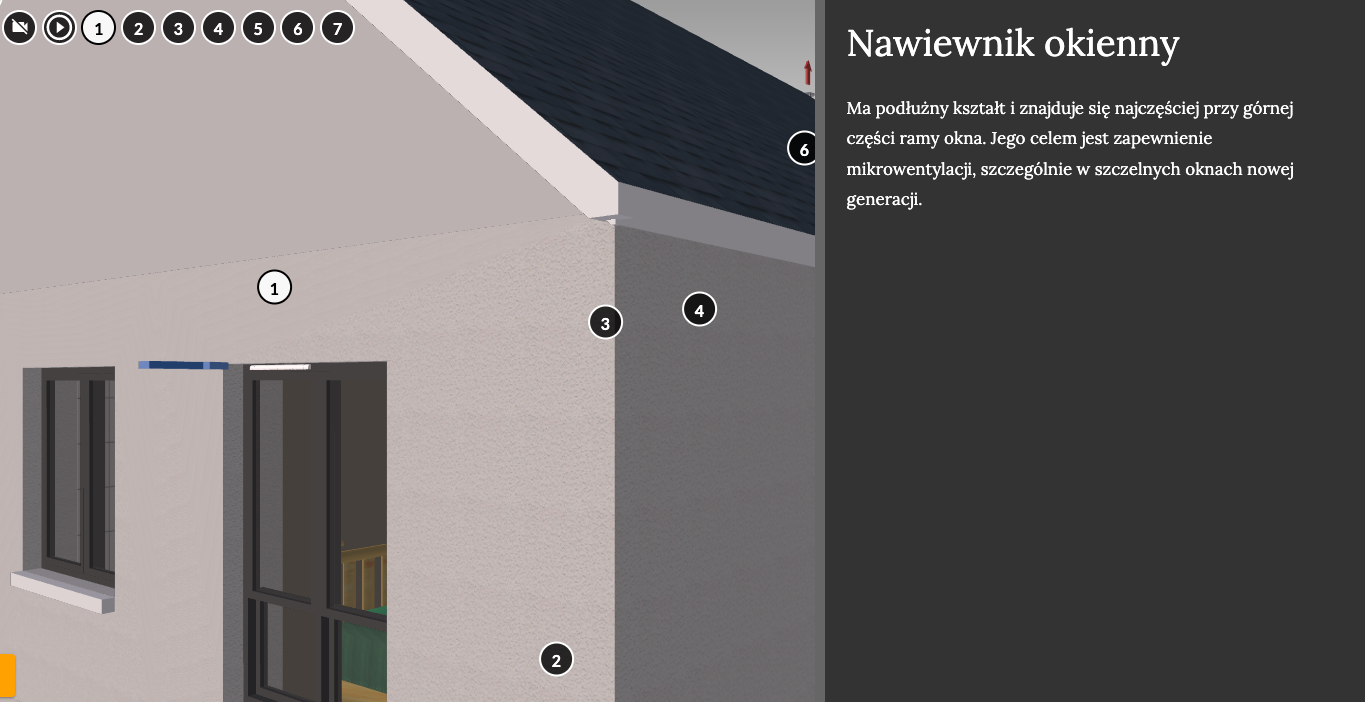 Przykładowy wygląd zakładki wizualizacji. Widoczne jest zdjęcie. Z lewej strony przedstawiona jest makieta budynku mieszkalnego piętrowego. Na ścianie zewnętrznej budynku widoczne są okna. Nad jednym z nich znajduje się znacznik o numerze jeden, który wskazuje na miejsce montażu nawiewnika. Jest to górna krawędź ramy okiennej. Po prawej stronie przedstawiono tekst.