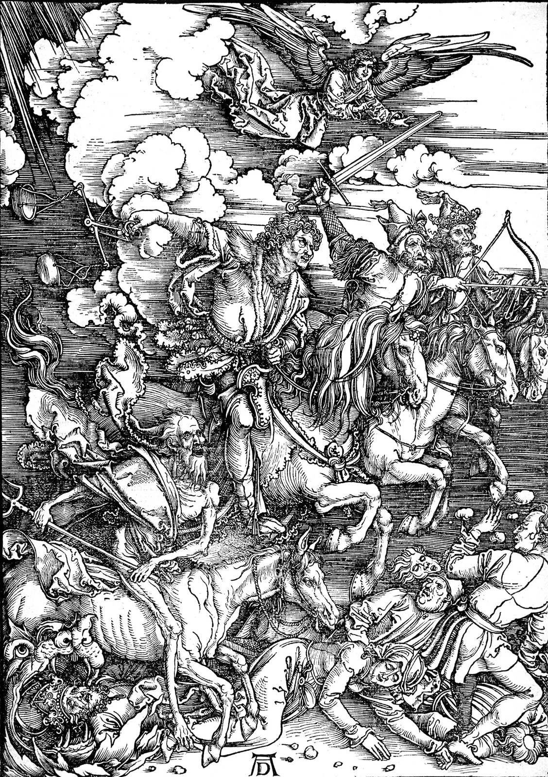 Ilustracja przedstawia grafikę Albrechta Dürera „Czterej jeźdźcy Apokalipsy”. Ukazuje cztery postacie na koniach z atrybutami. Pierwszy jeździec, wyposażony jest w łuk. Drugi trzyma w górze miecz. Trzeci jeździec w dłoni trzyma wagę z szalami. Czwarty jest wychudzony, przypomina szkielet i siedzi na szkapie, a w dłoniach trzyma widły. Nad jeźdźcami unosi się anioł w długiej szacie z rozłożonymi skrzydłami. W dolnym, lewym narożniku znajduje się postać w koronie, pożerana przez zwierzę z otwarta paszczą. U dołu, po prawej stronie leżą ludzie. Są przerażeni. Pośrodku, w dolnej części znajdują się inicjały artysty: AD.