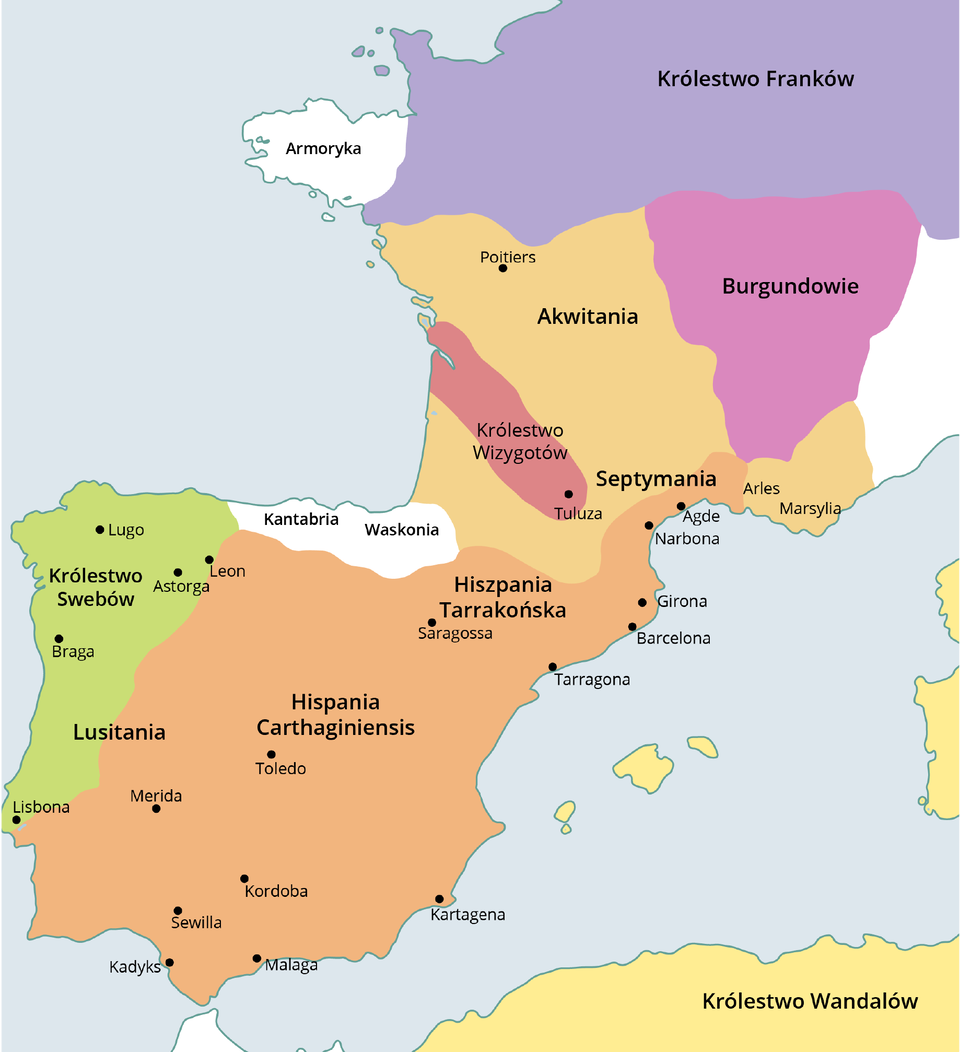 Mapa przedstawia Półwysep Iberyjski oraz zachodnią część Europy (dzisiejsza Francja). Północną część półwyspu zajmują Kantabria i Waskonia, północno wschodnią królestwo Swebów. Zachodnia część półwyspu to Lusitania, centralna część to Hispania Carthaginensis, a północno wschodnia Hiszpania Tarrakońska. Dalej na północ (dzisiejsza Francja) leży Septymania, królestwo Wigizotów, Akwitania i królestwo Franków. Tereny na wschód od Akwitanii zajmują Burgundowie. Na zachód od królestwa Franków leży Armoryka. U dołu mapy widoczne jest jeszcze królestwo Wandalów (północna Afryka).