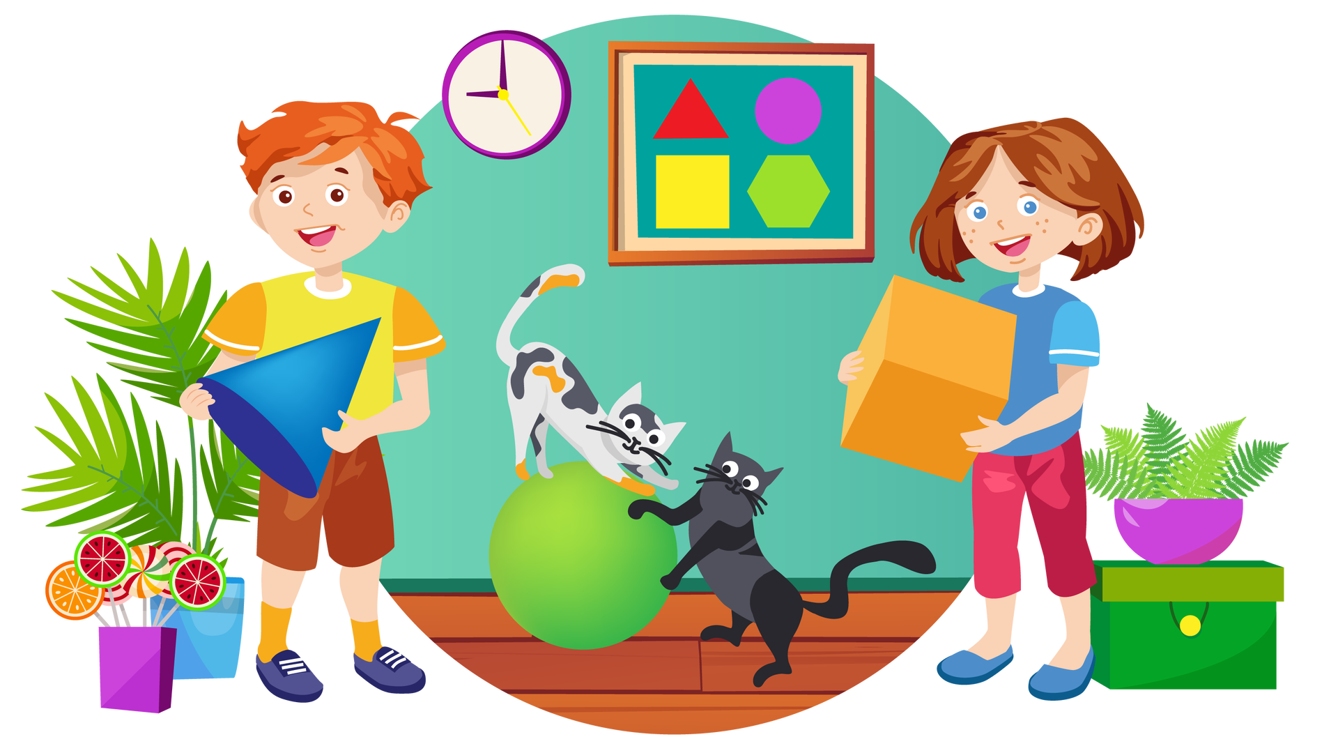Ilustracja przedstawia pomieszczenie w domy Franka i Mai. W tle widać turkusową ścianę, na której wisi okrągły fioletowy zegar ze wskazówkami. Na prawo od zegara wisi obrazek w brązowej ramce. Obrazek przedstawia cztery figury geometryczne na ciemnoturkusowym tle. Pierwsza figura w pierwszym rzędzie to czerwony trójkąt, a druga to fioletowe koło. Pierwsza figura w drugim rzędzie to żółty kwadrat, a druga to zielony sześcian. Po lewej stronie pomieszczenia, na drewnianej podłodze, znajdują się okrągłe kolorowe lizaki w fioletowym pojemniku. Obok nich widać zieloną roślinę w niebieskiej donicy. Na prawo od rośliny stoi Franek. Jest ubrany w żółtą koszulkę z krótkimi pomarańczowymi rękawami, krótkie brązowe spodnie, pomarańczowe skarpety i granatowe buty z białymi sznurówkami. W rękach trzyma duży ciemnoniebieski ostrosłup. Po prawej stronie ilustracji, na podłodze, stoi zielone pudełko z pokrywką. Umieszczono na nim paproć w fioletowej donicy. Na lewo od pudełka stoi Maja. Jest ubrana w niebieską koszulkę z krótkimi błękitnymi rękawami, długie ciemnoróżowe spodnie i ciemnoniebieskie buty. W rękach trzyma duży pomarańczowy sześcian. Na środku pokoju znajduje się duża jasnozielona piłka, na której stoi biały kot w czarne i rude plamki. O piłkę opiera się drugi kot. Jest on czarny. Zwierzęta bawią się razem.