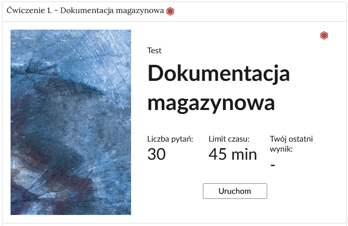 Zrzut ekranu przedstawia przykładowy wygląd zadania. Na zdjęciu widoczna jest rozwinięta zakładka z ćwiczeniem pierwszym. W zakładce zawarty jest test wiedzy. Na początkowym ekranie testu znajduje się tytuł, poniżej którego są podane: liczba pytań, limit czasu oraz ostatnio uzyskany wynik. Z lewej strony znajduje się ozdobny prostokąt.