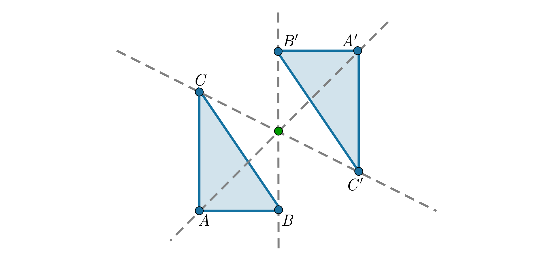 Rysujemy trójkąt A B C, oznaczamy dowolny punkt leżący poza trójkątem, po czym rysujemy trzy proste przebiegające przez ten punkt i wierzchołki figury. Pierwsza prosta przebiega przez punkty A oraz punkt zewnętrzny. Na tej prostej nanosimy punkt A prim, który znajduje się po drugiej stronie punktu zewnętrznego względem punktu A, czyli oba odcinki leżą na jednej prostej i mają taką samą długość. Druga prosta biegnie przez punkt B oraz przez punkt zewnętrzny, postępujemy analogicznie, czyli rysujemy na prostej punkt B prim po drugiej stronie punktu zewnętrznego. Mamy więc dwa odcinki leżące na jednej prostej, mające tę samą długość. Analogicznie rysujemy trzecią prostą biegnącą przez wierzchołek C i przez punkt zewnętrzny. Łącząc odbite punkty, otrzymujemy trójkąt A prim B prim oraz C prim. Trójkąt wyjściowy i jego odbicie są równej wielkości i są rozłączne, czyli nie posiadają żadnych wspólnych punktów.