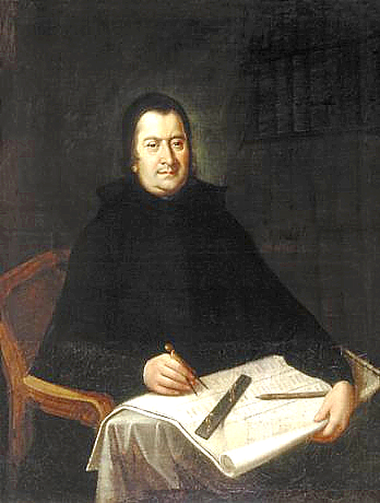 Ilustracja przedstawia mężczyznę w średnim wieku siedzącego na fotelu z rzeźbionymi, drewnianymi podłokietnikami. Na kolanach ma rozłożony duży arkusz papieru, na którym znajdują sie jakieś zapiski i obliczenia. Świadczą o tym linijka, ołówek leżące na kartce oraz cyrkiel, którym mężczyzna odmierza coś na papierze. Mężczyzna ubrany jest w czarny płaszcz. Włosy ma czarne, zaczesane do tyłu, nos długi, prosty, wąskie usta.