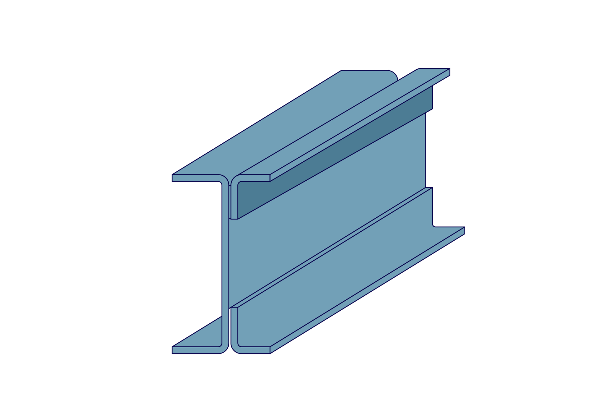 Ilustracja przedstawia ceownik o którego przymocowano dwa kątowniki, w taki sposób, że dźwigar w przekroju przypomina dwuteownik. Ściany kątowników są sobie równe i są krótsze od środnika ceownika. 