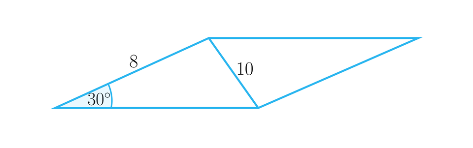 Rysunek przedstawia równoległobok. Kąt ostry równoległoboku ma wartość 30 stopni. Bok równoległoboku ma długość 8, Krótsza przekątna równoległoboku ma długość 10