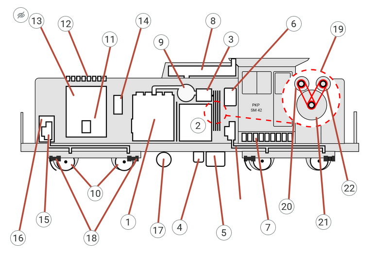 Zrzut ekranu przedstawia ilustrację z atlasu interaktywnego. Widoczny jest schemat lokomotywy manewrowej z dwudziestoma dwoma punktami interaktywnymi.