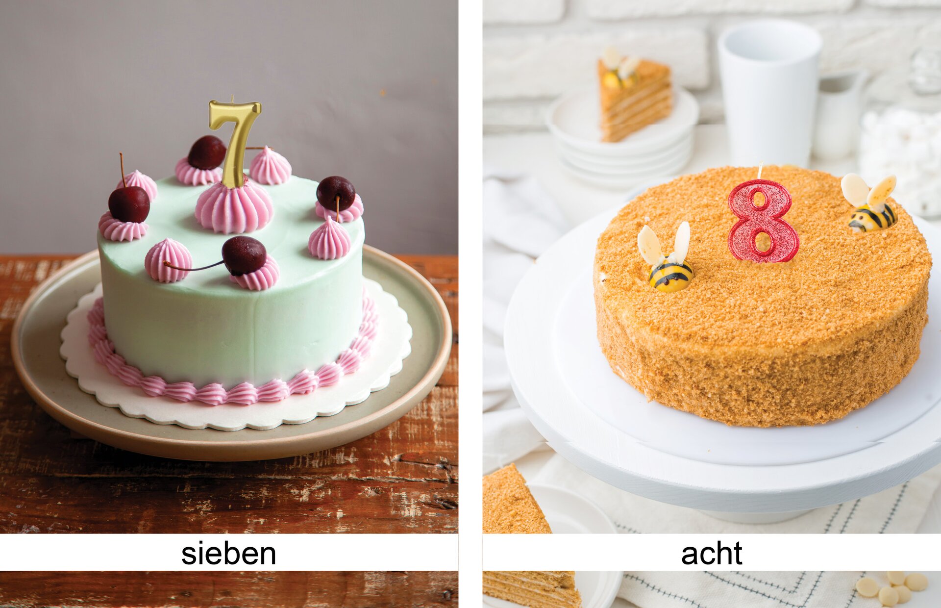 Ilustracja przedstawia torty na jednym widoczna jest cyfra siedem a na drugim osiem.