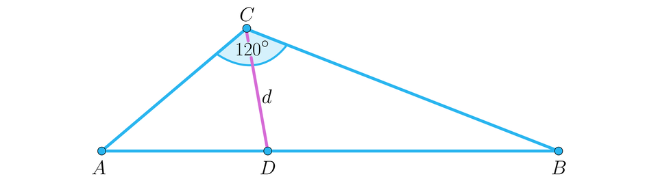 Ilustracja przedstawia trójkąt ABC o kącie przy wierzchołku C o mierze 120 stopni. Odcinek CD wynosi d, gdzie punkt D znajduje się na podstawie AB.