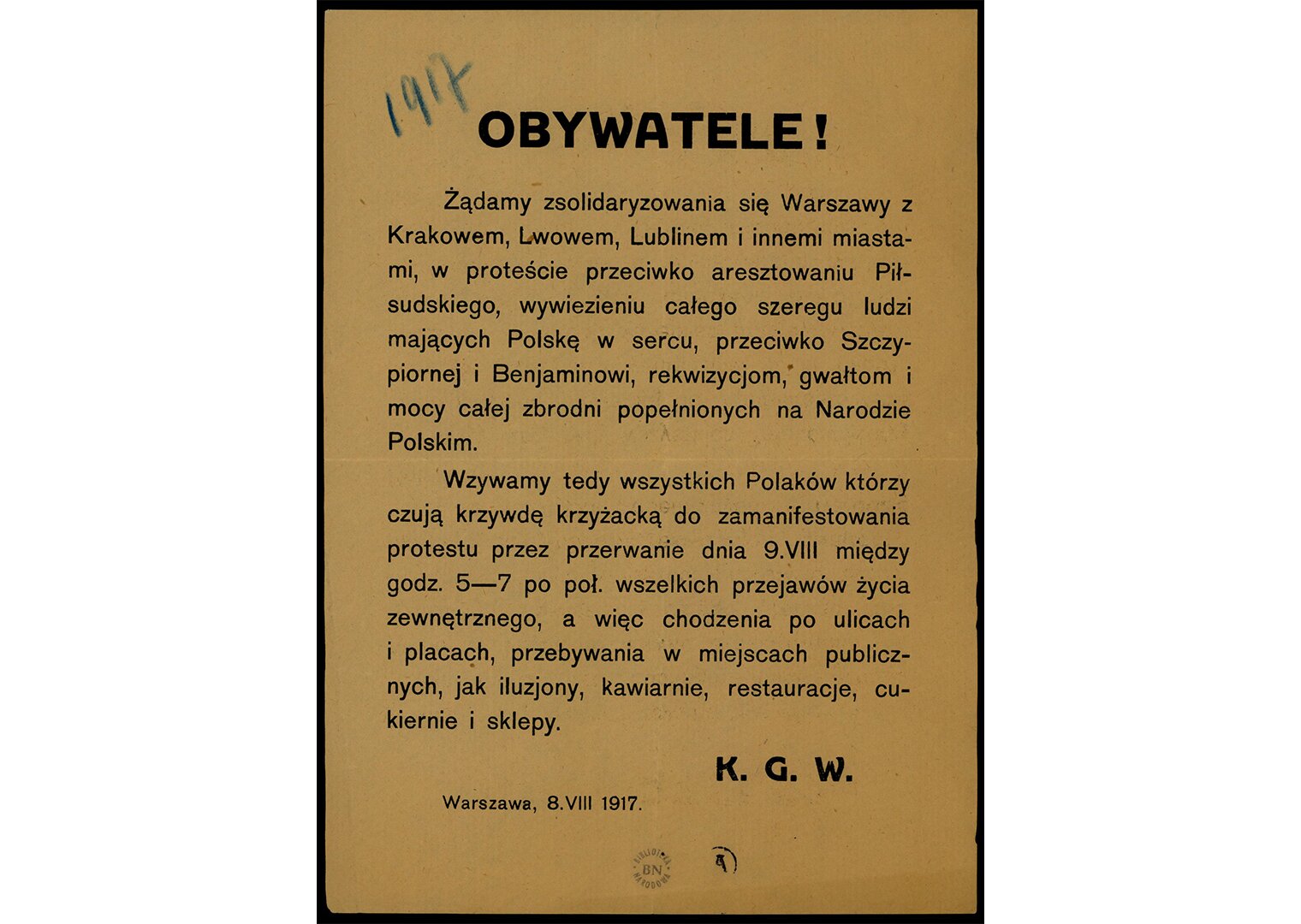 Fotografia przedstawia druk ulotny z czasów I wojny światowej.