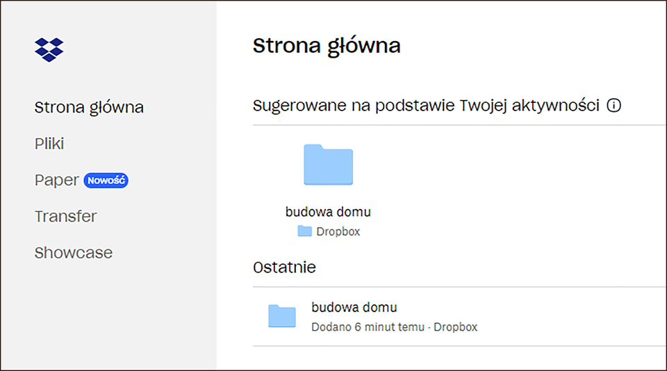 Zrzut ekranu przedstawiający stronę główną aplikacji Dropbox. Po prawej znajduje się kolumna z menu. Pozycje w menu to: Strona główna, Pliki, Paper, Transfer oraz Showcase. W głównym obszarze interfejsu znajduje się segment Sugerowane na podstawie Twojej aktywności, gdzie znajduje się folder budowa domu. Poniżej segment Ostatnie z tym samym folderem i informacje o czasie dodania folderu.  