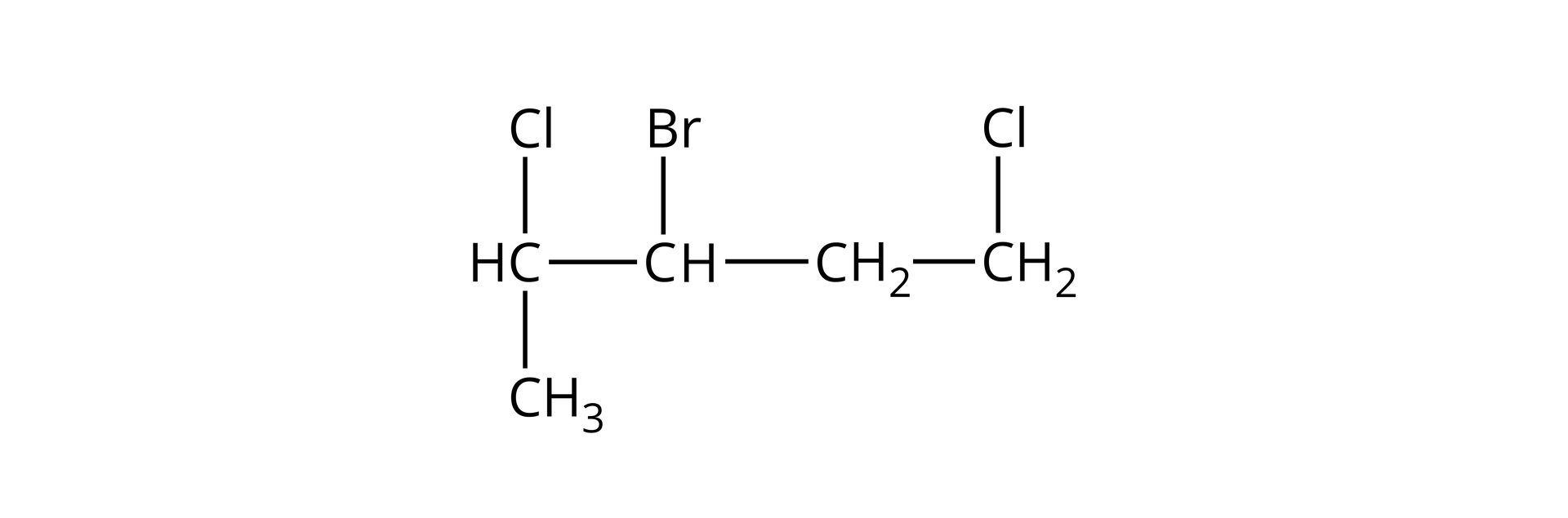 Ilustracja przedstawia wzór półstrukturalny: grupa metylowa jest przyłączona do atomu węgla związanego z atomem wodoru i chloru. Ponadto ten atom węgla tworzy wiązanie z kolejnym atomem węgla związanym z atomem bromu i wodoru. Do niego z kolei jest przyłączona jest grupa metylenowa CH2 połączona z kolejną grupą metylenową podstawioną atomem chloru.