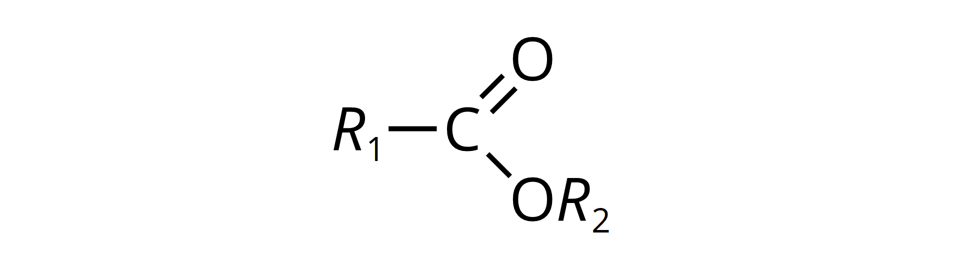 Ilustracja przedstawiająca wzór ogólny estrów, który to zbudowany jest z grupy R1 związanej z atomem węgla połączonym za pomocą wiązania podwójnego z pierwszym atomem tlenu oraz za pomocą wiązania pojedynczego z drugim atomem tlenu podstawionym grupą R2.