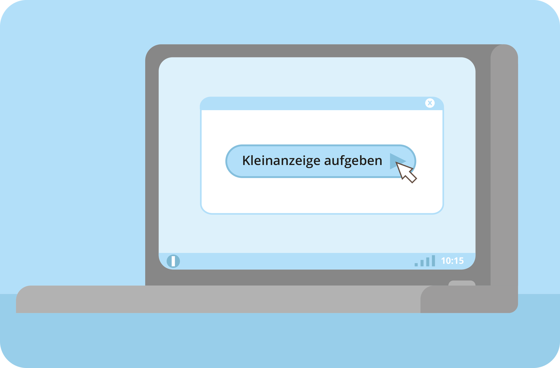 Ilustracja przedstawia laptop, na którego ekranie wyświetla się napis Kleinanzeige aufgeben