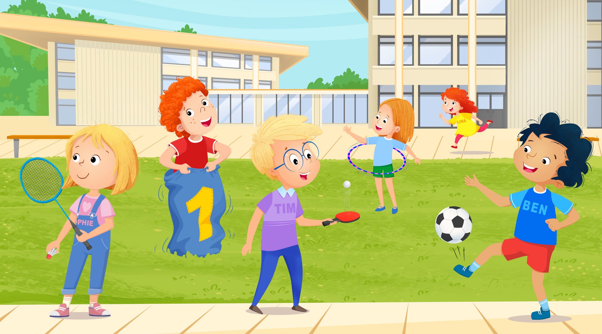 Ilustracja przedstawia dzieci na podwórku, które wykonują różna aktywności sportowe. Transkrypcja dostępna jest poniżej.