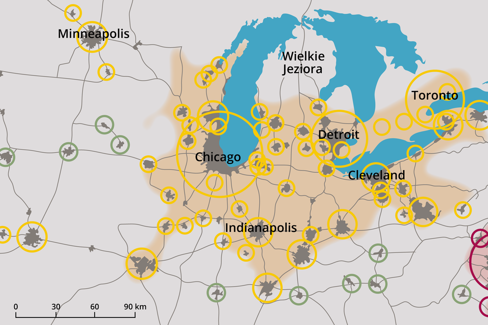 Mapa fragmentu Ameryki Północnej przedstawia megalopolis pomiędzy Wielkim Jeziorami. Składają się na nią Chicago, Detroit, Toronto, Cleveland i Indianapolis.