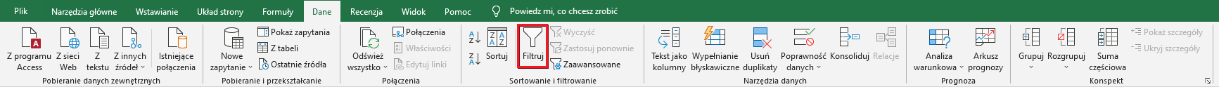 Ilustracja przedstawia pasek menu programu  Microsoft Excel . W górnej części znajdują się zakładki: Plik, Narzędzia główne, Wstawianie, Układ strony, Formuły, Dane, Recenzja, Widok, Pomoc, Powiedz mi, co chcesz zrobić. Wybrana jest zakładka dane. W pasku poniżej znajdują się ikonki z opcjami programu. W czerwonej ramce jest zaznaczona opcja: Filtruj. 