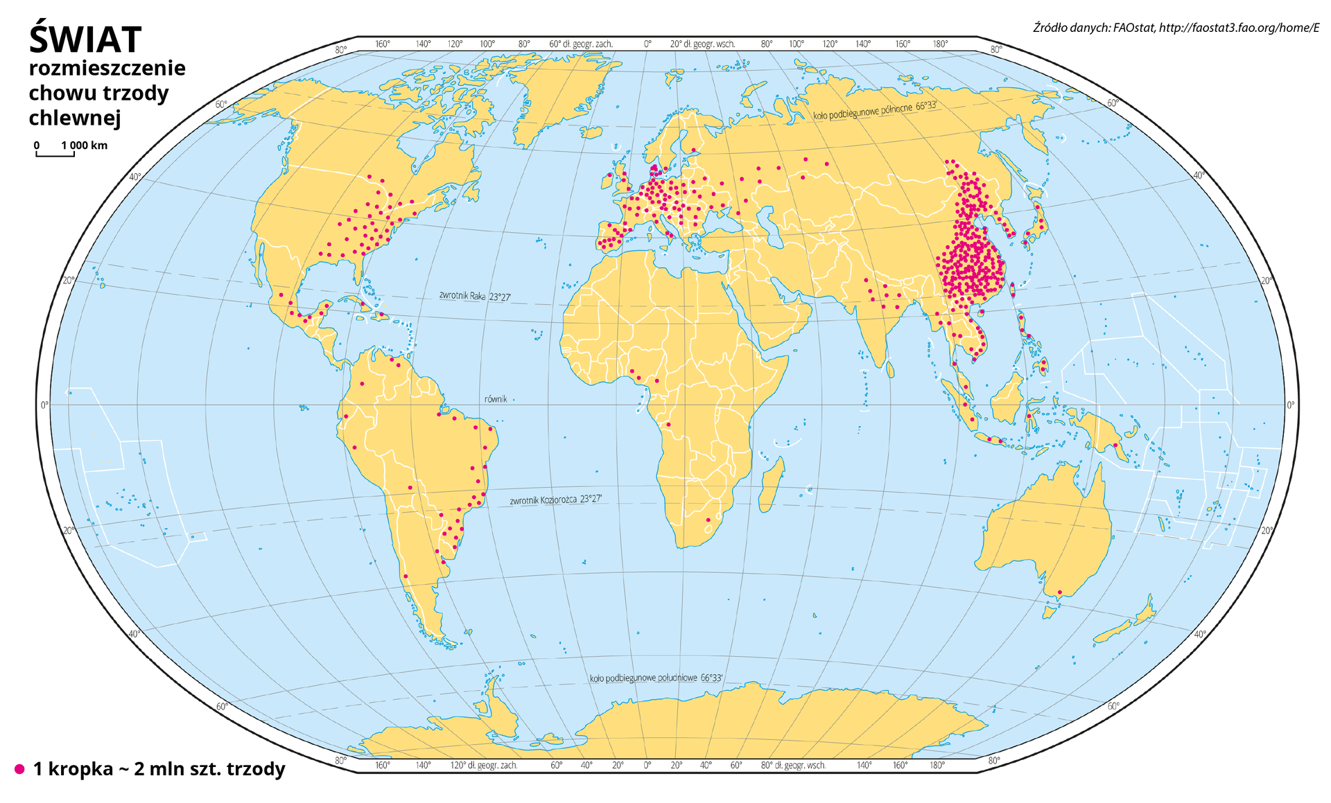 Ilustracja przedstawia mapę świata. Wody zaznaczono kolorem niebieskim. Na mapie za pomocą czerwonych kropek przedstawiono rozprzestrzenienie chowu trzody chlewnej. Jedna kropka oznacza dwa miliony sztuk trzody chlewnej. Bardzo duże zagęszczenie kropek jest we wschodniej części Chin. Również w pozostałych krajach wschodniej Azji oznaczono chów trzody chlewnej – w Wietnamie, Japonii, Korei, Tajwanie, na Filipinach, Tajlandii, północno‑wschodnich Indiach. Dużo mniejsze zagęszczenie kropek jest we wschodniej części Ameryki Północnej i wzdłuż wschodniego wybrzeża Ameryki Południowej. Nieco większe zagęszczenie występuje na terenie niemal całej Europy, z wyłączeniem Skandynawii. Pojedyncze kropki nad Zatoką Gwinejską, jedna kropka na południowym wschodzie Australii. Mapa pokryta jest równoleżnikami i południkami, które opisano w białej ramce dookoła mapy co dwadzieścia stopni. Po lewej stronie mapy objaśniono znak kropki użyty na mapie.